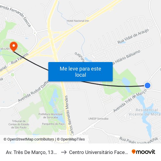 Av. Três De Março, 1315 to Centro Universitário Facens map