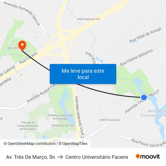 Av. Três De Março, Sn to Centro Universitário Facens map