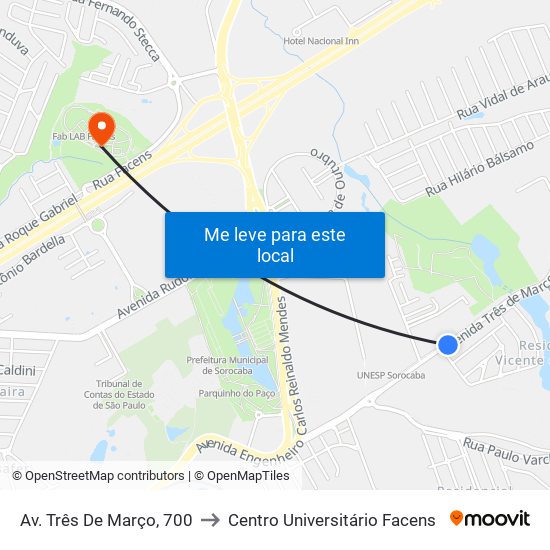 Av. Três De Março, 700 to Centro Universitário Facens map