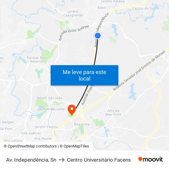 Av. Independência, Sn to Centro Universitário Facens map