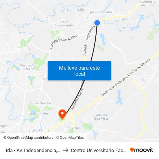 Ida - Av. Independência, Sn to Centro Universitário Facens map