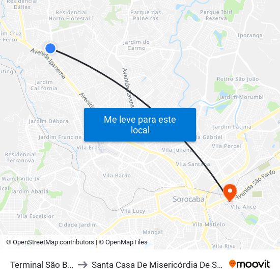 Terminal São Bento to Santa Casa De Misericórdia De Sorocaba map