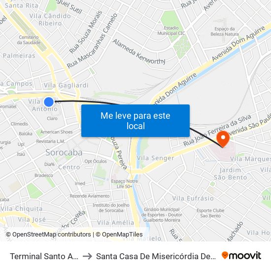 Terminal Santo Antônio to Santa Casa De Misericórdia De Sorocaba map