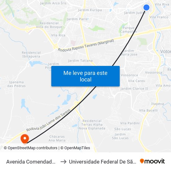 Avenida Comendador Pereira Inácio, 1040 to Universidade Federal De São Carlos - Campus Sorocaba map