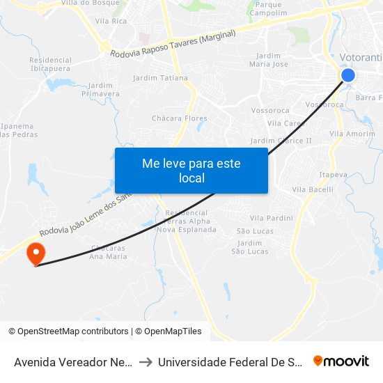 Avenida Vereador Newton Vieira Soares, 325 to Universidade Federal De São Carlos - Campus Sorocaba map