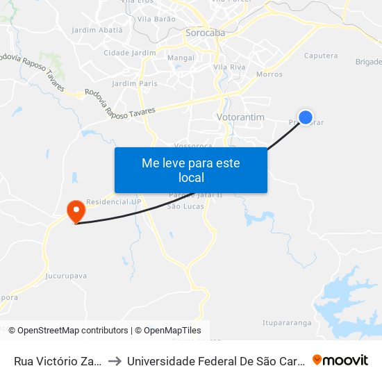 Rua Victório Zanchetta, 629 to Universidade Federal De São Carlos - Campus Sorocaba map