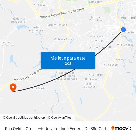 Rua Ovídio Godinho, 38-58 to Universidade Federal De São Carlos - Campus Sorocaba map