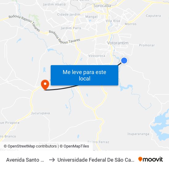 Avenida Santo Antônio, 1070 to Universidade Federal De São Carlos - Campus Sorocaba map