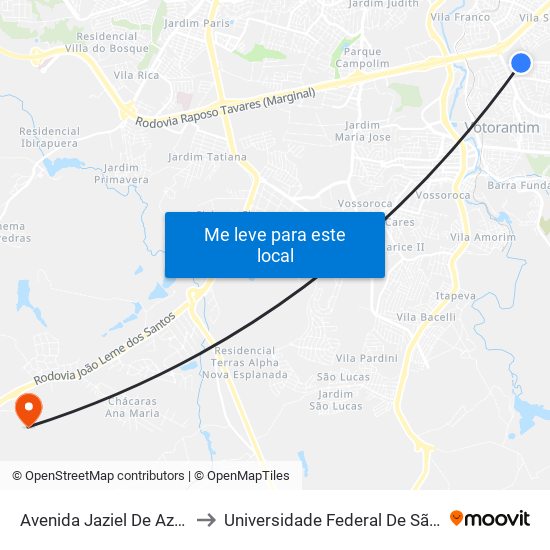 Avenida Jaziel De Azeredo Ribeiro, 216-334 to Universidade Federal De São Carlos - Campus Sorocaba map