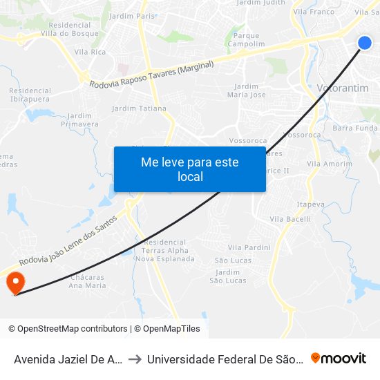 Avenida Jaziel De Azeredo Ribeiro, 471 to Universidade Federal De São Carlos - Campus Sorocaba map