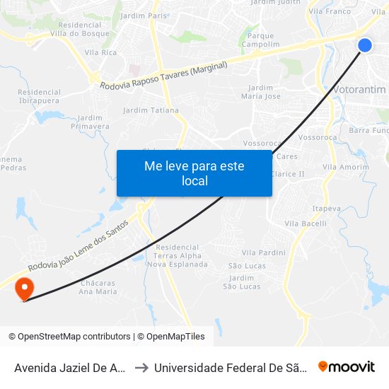 Avenida Jaziel De Azeredo Ribeiro, 49-53 to Universidade Federal De São Carlos - Campus Sorocaba map