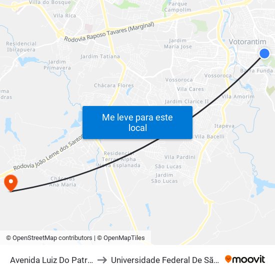 Avenida Luiz Do Patrocínio Fernandes, 963 to Universidade Federal De São Carlos - Campus Sorocaba map