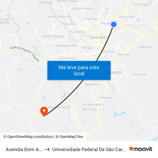 Avenida Dom Aguirre, 2121 to Universidade Federal De São Carlos - Campus Sorocaba map