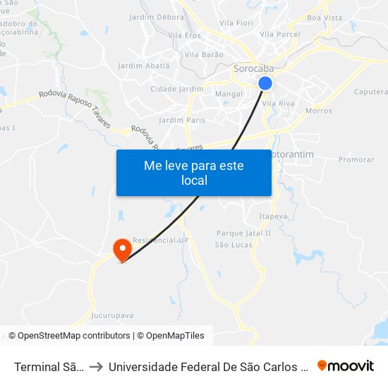 Terminal São Paulo to Universidade Federal De São Carlos - Campus Sorocaba map