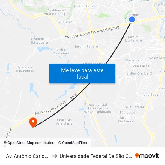 Av. Antônio Carlos Comitre, 3000 to Universidade Federal De São Carlos - Campus Sorocaba map