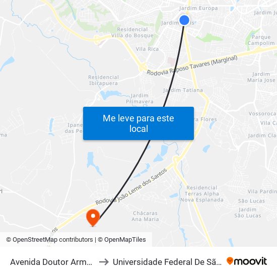 Avenida Doutor Armando Pannunzio - Valec to Universidade Federal De São Carlos - Campus Sorocaba map