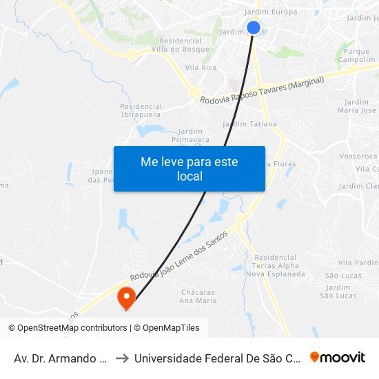 Av. Dr. Armando Pannunzio, 776 to Universidade Federal De São Carlos - Campus Sorocaba map