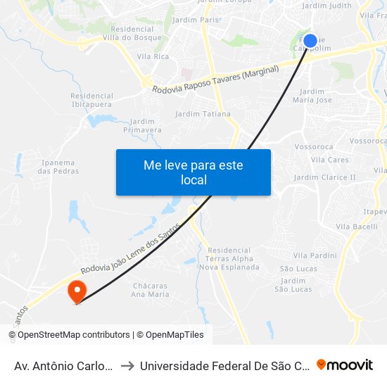 Av. Antônio Carlos Comitre, 1244 to Universidade Federal De São Carlos - Campus Sorocaba map