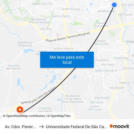 Av. Cdor. Pereira Ignácio, 824 to Universidade Federal De São Carlos - Campus Sorocaba map