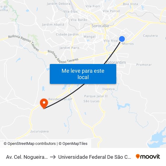 Av. Cel. Nogueira Padilha, 2183 to Universidade Federal De São Carlos - Campus Sorocaba map
