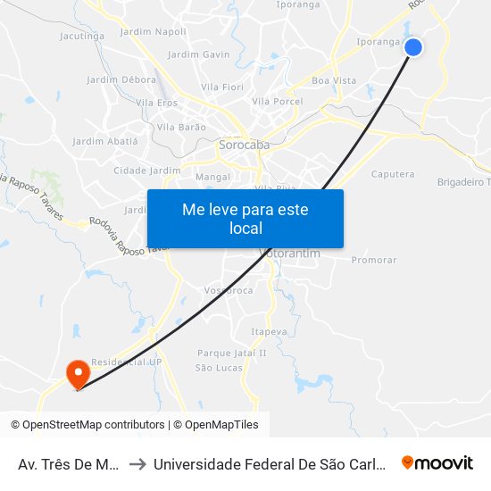 Av. Três De Março, 3610 to Universidade Federal De São Carlos - Campus Sorocaba map