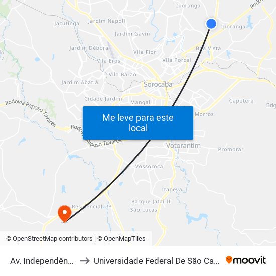 Av. Independência, - Df.Unip - to Universidade Federal De São Carlos - Campus Sorocaba map