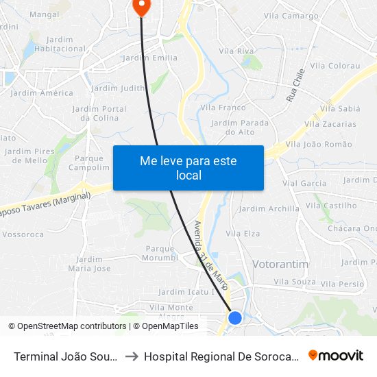 Terminal João Souto to Hospital Regional De Sorocaba map