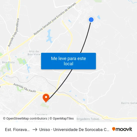 Est. Fioravante, S/N to Uniso - Universidade De Sorocaba Cidade Universitária map