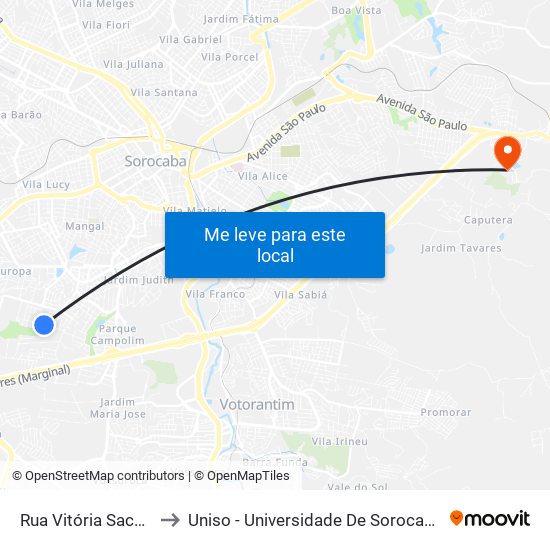 Rua  Vitória Sacker Reze, 321 to Uniso - Universidade De Sorocaba Cidade Universitária map