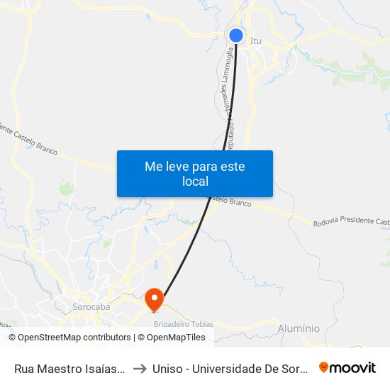 Rua Maestro Isaías São Belcufiné, 260 to Uniso - Universidade De Sorocaba Cidade Universitária map