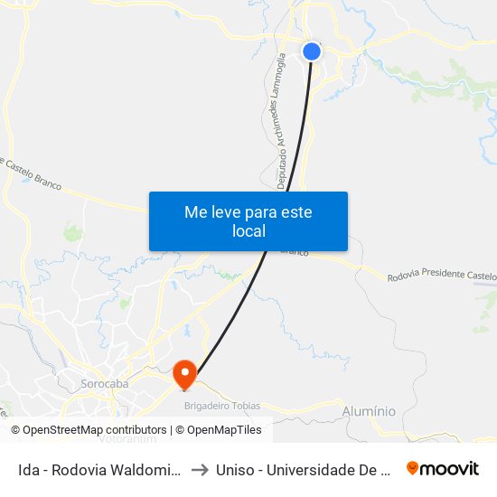 Ida - Rodovia Waldomiro Corrêa De Camargo 442 to Uniso - Universidade De Sorocaba Cidade Universitária map