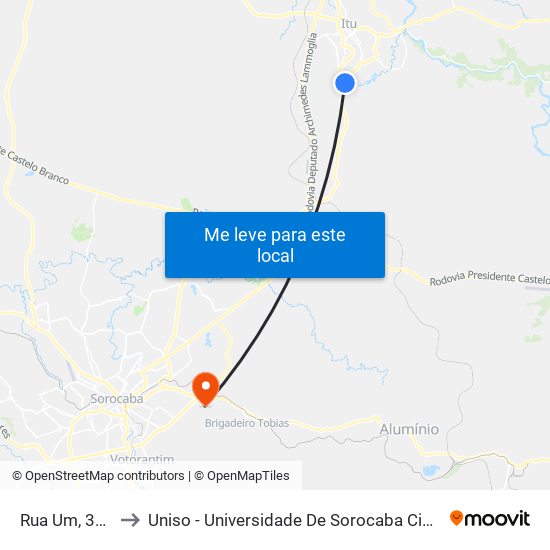 Rua Um, 358-384 to Uniso - Universidade De Sorocaba Cidade Universitária map