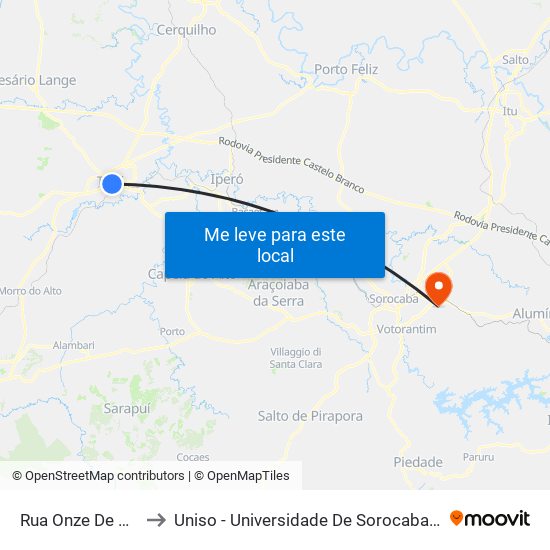 Rua Onze De Agosto, 44 to Uniso - Universidade De Sorocaba Cidade Universitária map