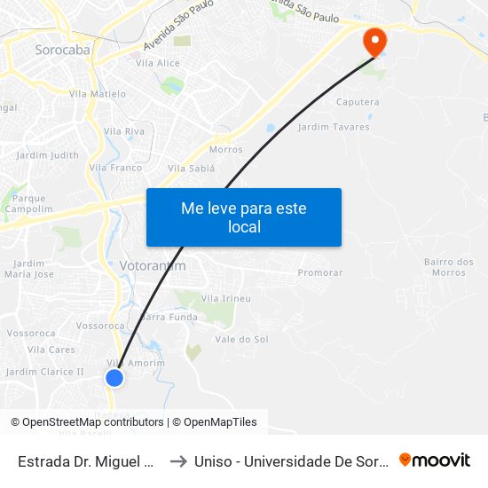 Estrada Dr. Miguel Afonso F De Castilho to Uniso - Universidade De Sorocaba Cidade Universitária map