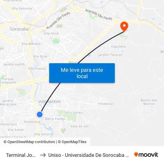 Terminal João Souto to Uniso - Universidade De Sorocaba Cidade Universitária map