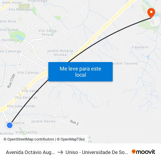 Avenida Octávio Augusto Rangel, 511-533 to Uniso - Universidade De Sorocaba Cidade Universitária map