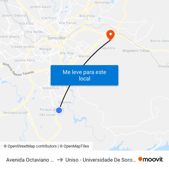 Avenida Octaviano De Góes Vieira, 15 to Uniso - Universidade De Sorocaba Cidade Universitária map