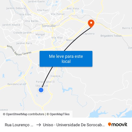 Rua Lourenço Mouro, 109 to Uniso - Universidade De Sorocaba Cidade Universitária map