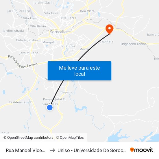 Rua Manoel Vicente Duraes, 241 to Uniso - Universidade De Sorocaba Cidade Universitária map