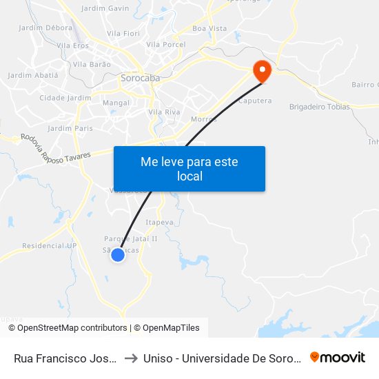 Rua Francisco José De Carvalho, 82 to Uniso - Universidade De Sorocaba Cidade Universitária map