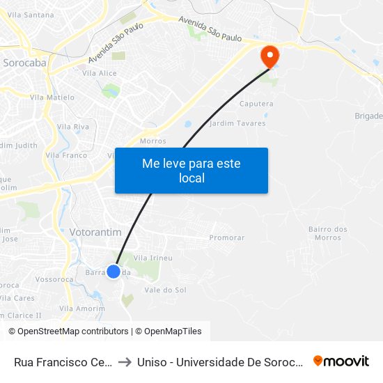 Rua Francisco Ceretta, 176-204 to Uniso - Universidade De Sorocaba Cidade Universitária map