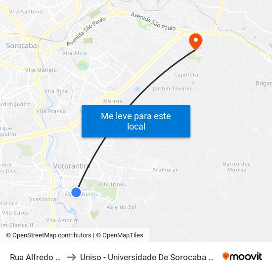 Rua Alfredo Maia, 25 to Uniso - Universidade De Sorocaba Cidade Universitária map