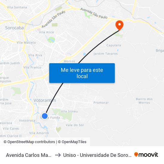 Avenida Carlos Mariano Da Silva, 408 to Uniso - Universidade De Sorocaba Cidade Universitária map