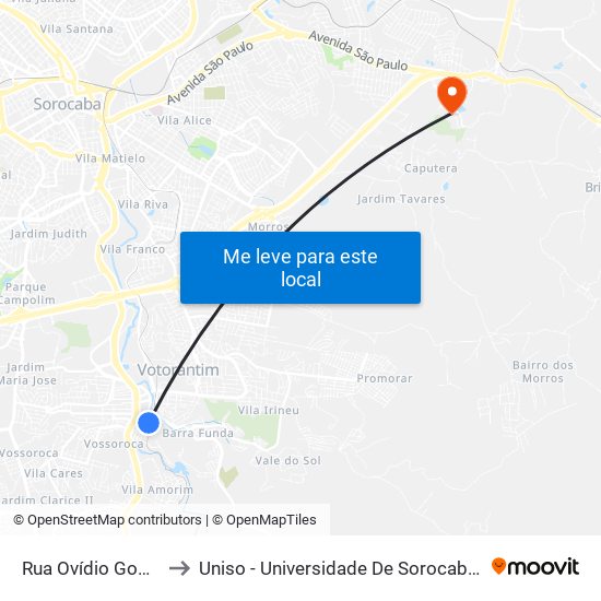 Rua Ovídio Godinho, 38-58 to Uniso - Universidade De Sorocaba Cidade Universitária map