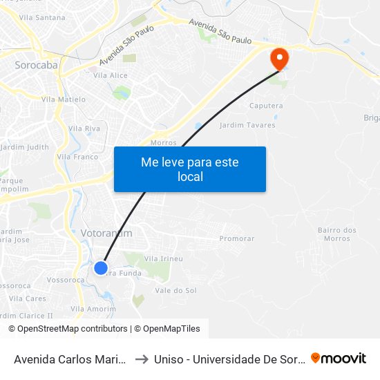 Avenida Carlos Mariano Da Silva, 483-491 to Uniso - Universidade De Sorocaba Cidade Universitária map