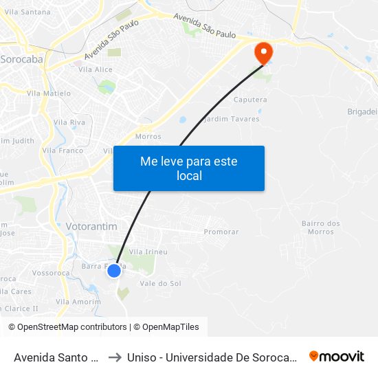 Avenida Santo Antônio, 630 to Uniso - Universidade De Sorocaba Cidade Universitária map