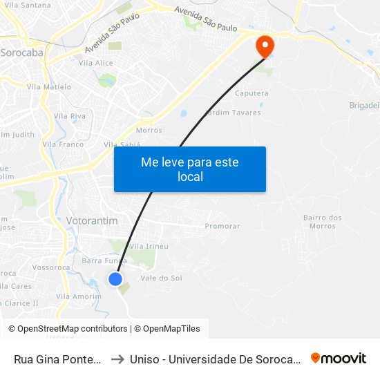 Rua Gina Pontes Romero, 78 to Uniso - Universidade De Sorocaba Cidade Universitária map