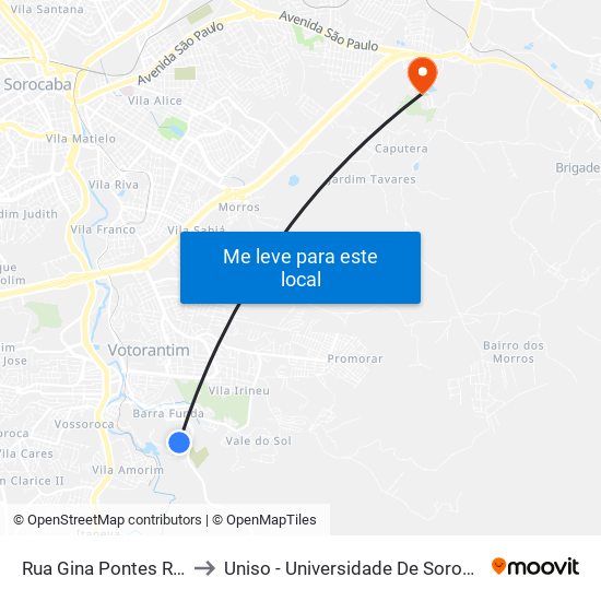 Rua Gina Pontes Romero, 156-210 to Uniso - Universidade De Sorocaba Cidade Universitária map