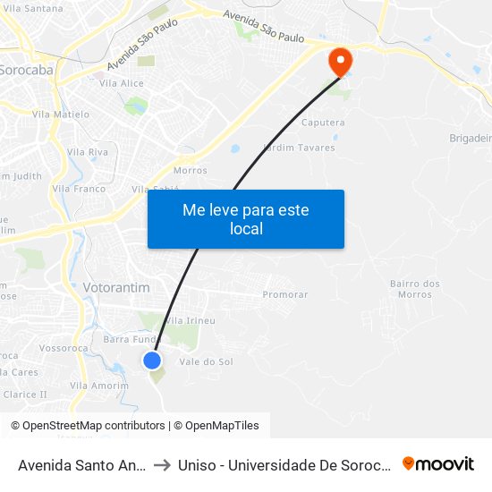 Avenida Santo Antônio, 523-565 to Uniso - Universidade De Sorocaba Cidade Universitária map