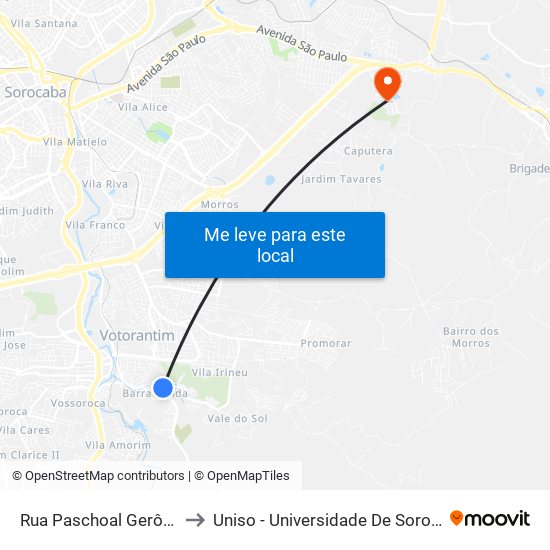 Rua Paschoal Gerônimo Fornazari, 55 to Uniso - Universidade De Sorocaba Cidade Universitária map